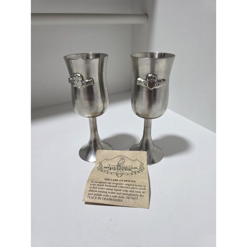 Mullingar Pewter Irish Claddagh Goblets Set of 2 Handcrafted Ireland Wine Cups - Picture 1 of 9